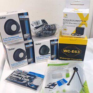 Camera lens set Nikon Wc-E63 Vivitar 58mm Wide Angle .43x Telephoto 2.2x Hood‎